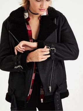Black Faux Shearling Biker Jacket